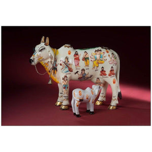 Kamdhenu Cow With Calf Hand Painted Polyresin Statue Of Hindu God (20 CM Size)