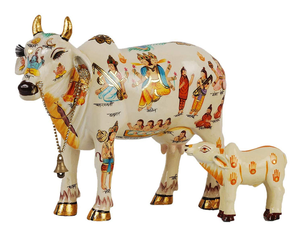 Kamdhenu Cow With Calf Hand Painted Polyresin Statue Of Hindu God (20 CM Size)