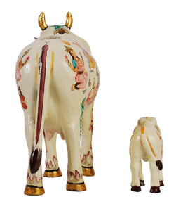 Kamdhenu Cow With Calf Hand Painted Polyresin Statue Of Hindu God (20 CM Size)