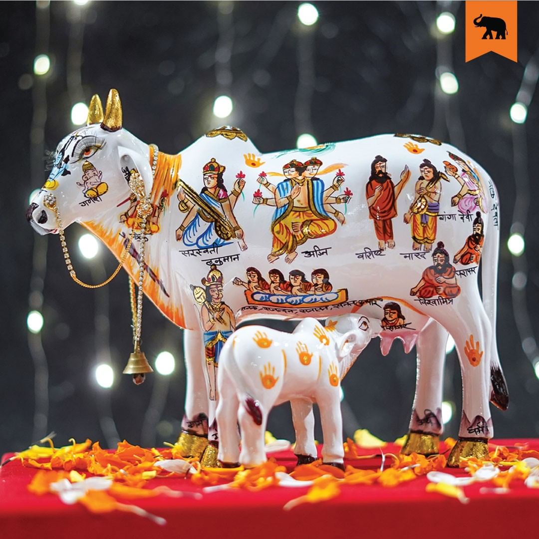 Handu Cow Kamdhenu Cow With Calf Hand Painted Polyresin Statue Of Hindu God (20 ...