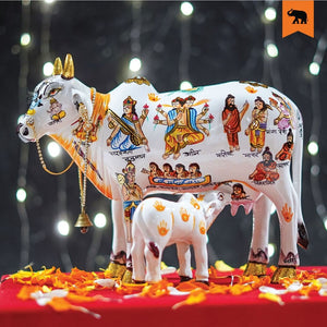 Kamdhenu Cow With Calf Hand Painted Polyresin Statue Of Hindu God (20 CM Size)